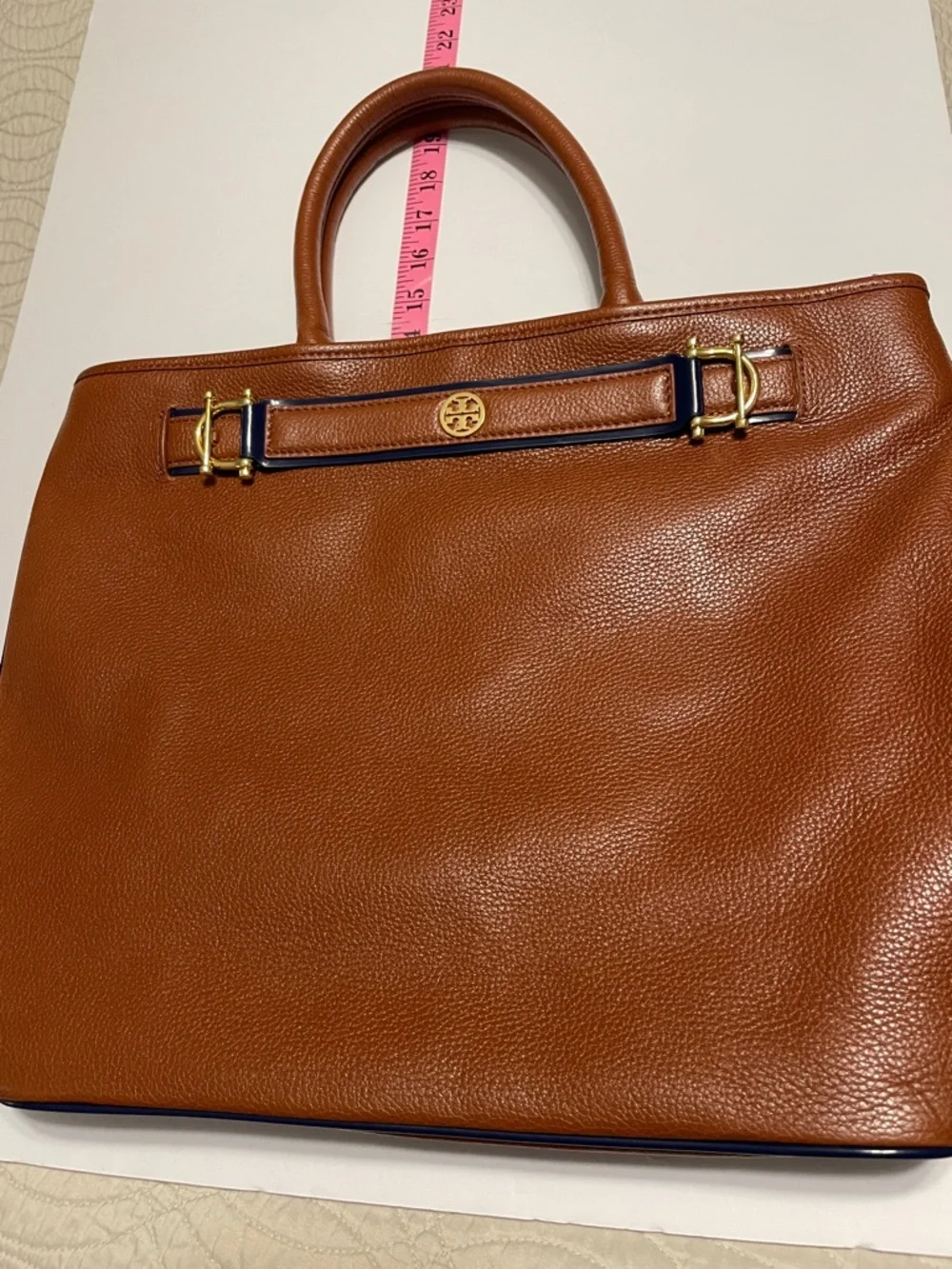 Tory Burch Cognac Jardin Pebbled Leather Tote with Navy Trim - Picture 10 of 11